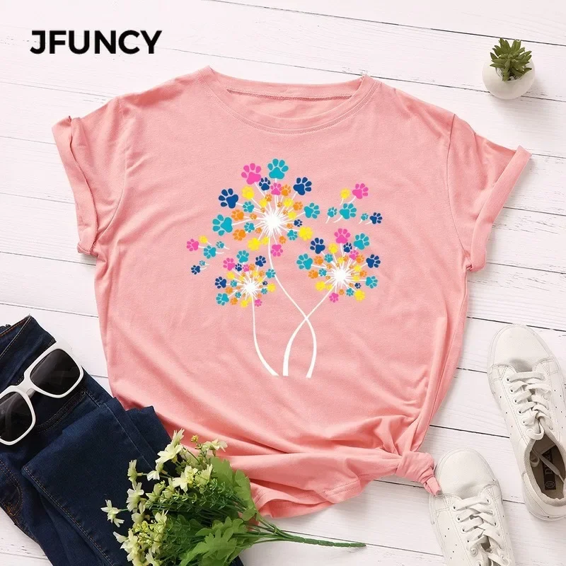 Jfuncy Summer 100% Cotton Women T Shirt Colorful Flower