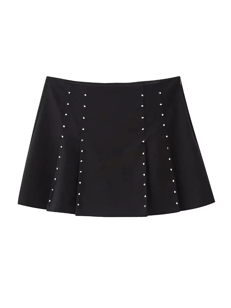 

HH TRAF Women's Spring Mini Skirts Fashion Solid High Waist Rivet Decoration Pleated Skirts Female Streetwear Short Skirts