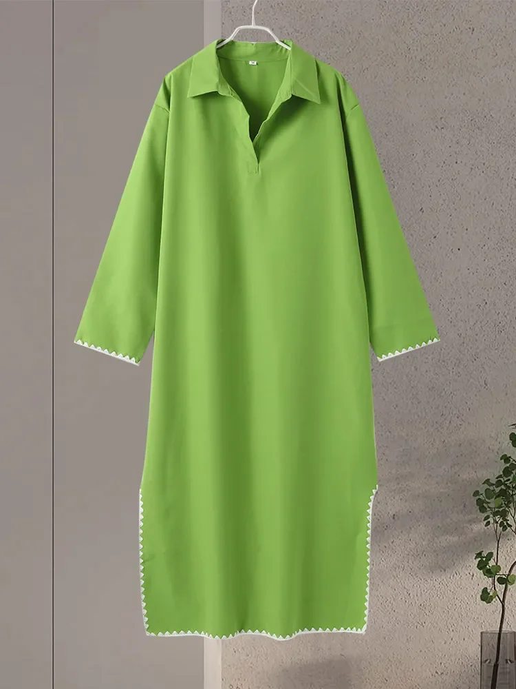 Elegant Abaya Womem Loose Lapel Long Sleeves Side Split Robe Female Cuff Embroidery Contrast Fashion Solid V-neck Dress Lady