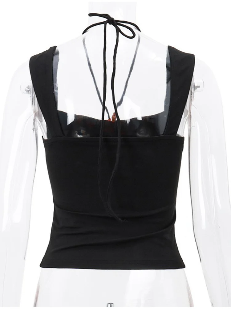 Vintage Black Square-neck Halter Tank Top Sexy Slim Pleated Backless Summer Crop Tops 2025 Women Sleeveless Bodycon Vest