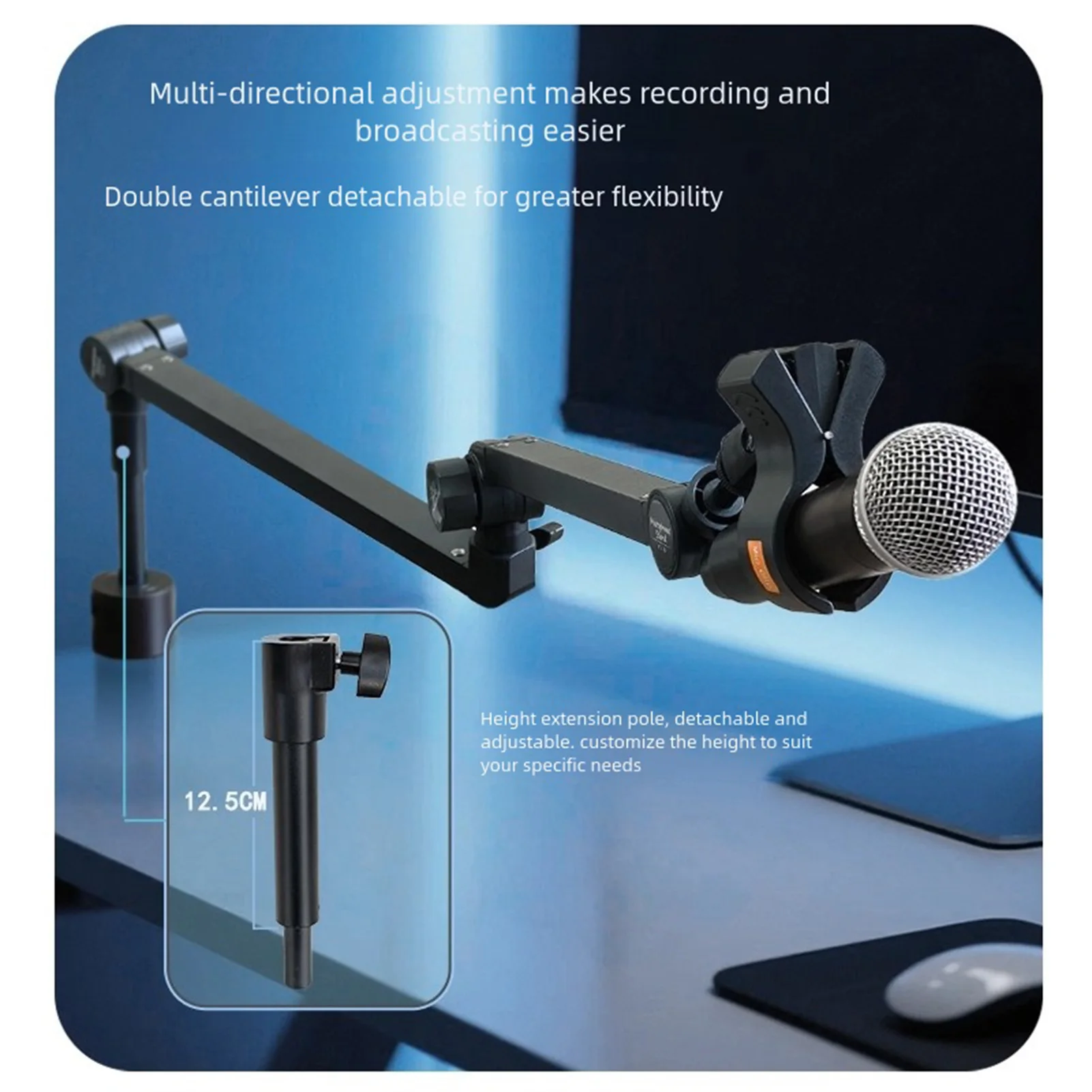 마이크 암 스탠드 데스크 마운트 5축 회전 서스펜션 360도 °   마이크폰용 회전 클램프, 1.5kg 하중 용량, 미끄럼 방지