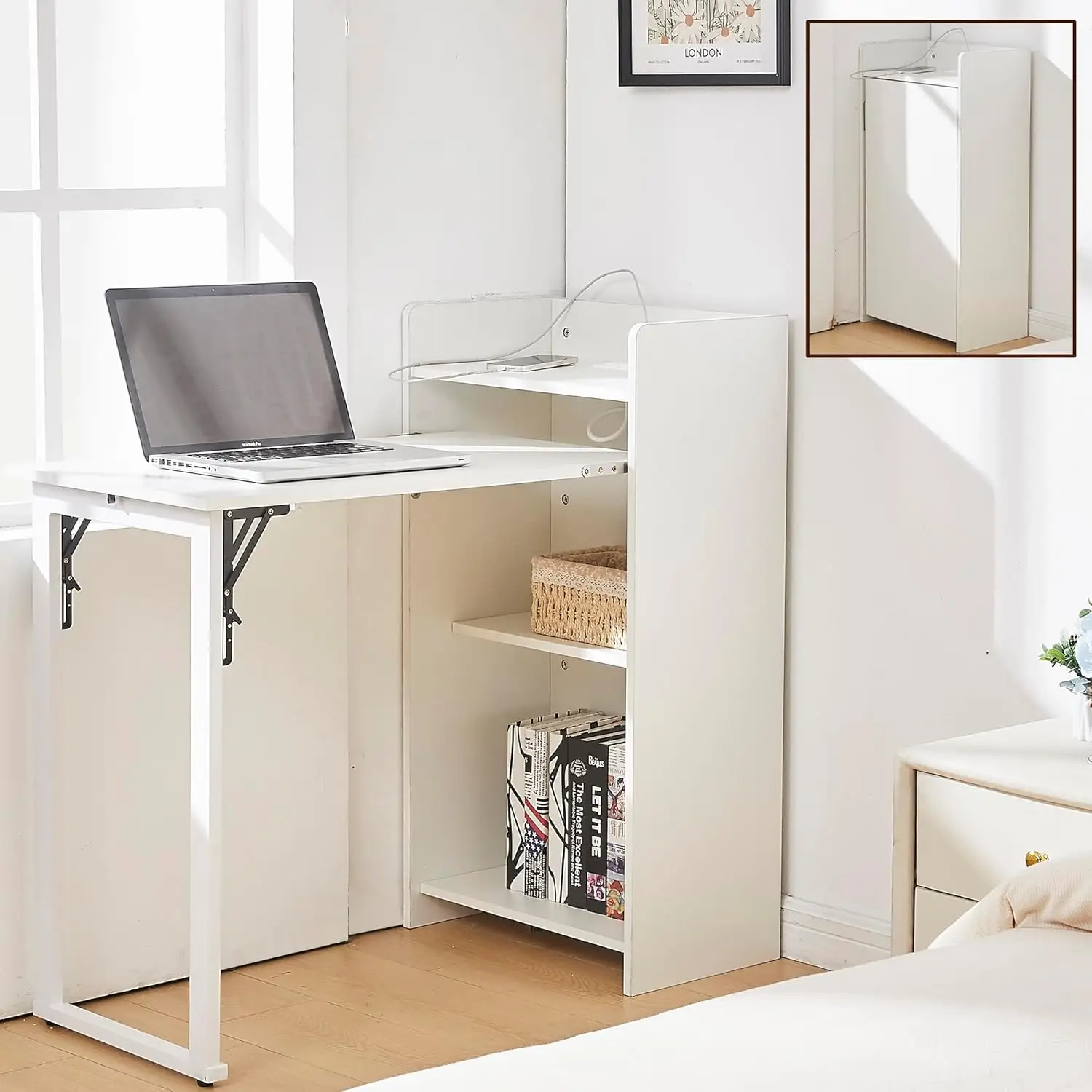Fold Out Desk Storage Built-in Outlet Mid Century Foldable Small Space Hidden Wall Table Home Office Bedroom White, Customized