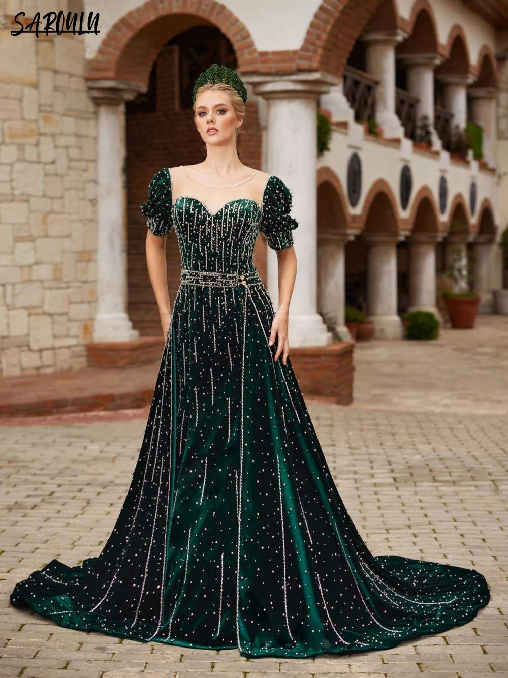 Vestido elegante mujer para festa de formatura vestido de noite verde sexy  v pescoço cristal boné mangas aberto backa linha ballklei - AliExpress