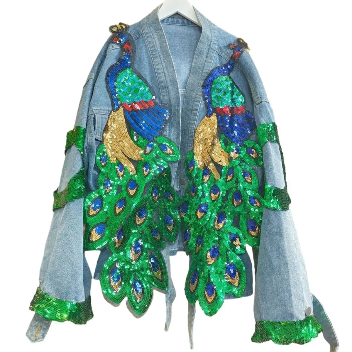 Women V-neck 3D Peacock Sequined Embroidery Jean Coat Autumn