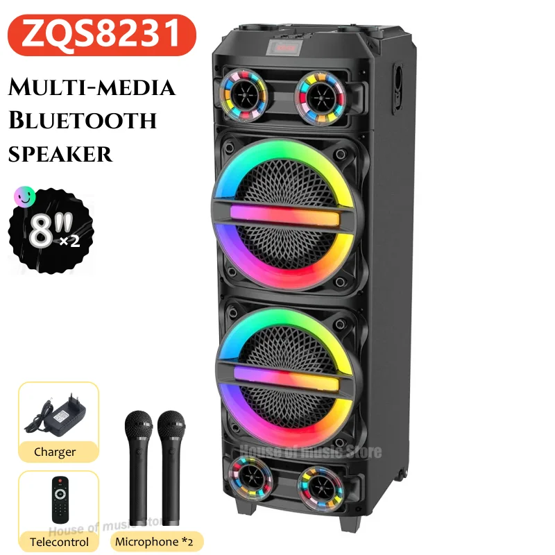 

Dual 8 Inch Professional Karaoke Speaker System 60W High-power Subwoofer Home Theatre For Party Wireless DJ Sound Box with 2 Mic