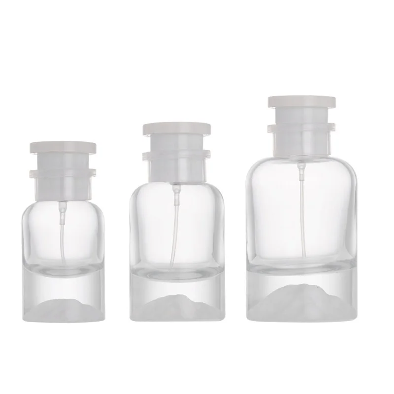 

Empty Perfume Bottle Clear Glass Round Thick Bottom Mist Spray Crimp Pump White Lid 30ml 50ml 100ml Atomizer Refill Bottles 5pcs