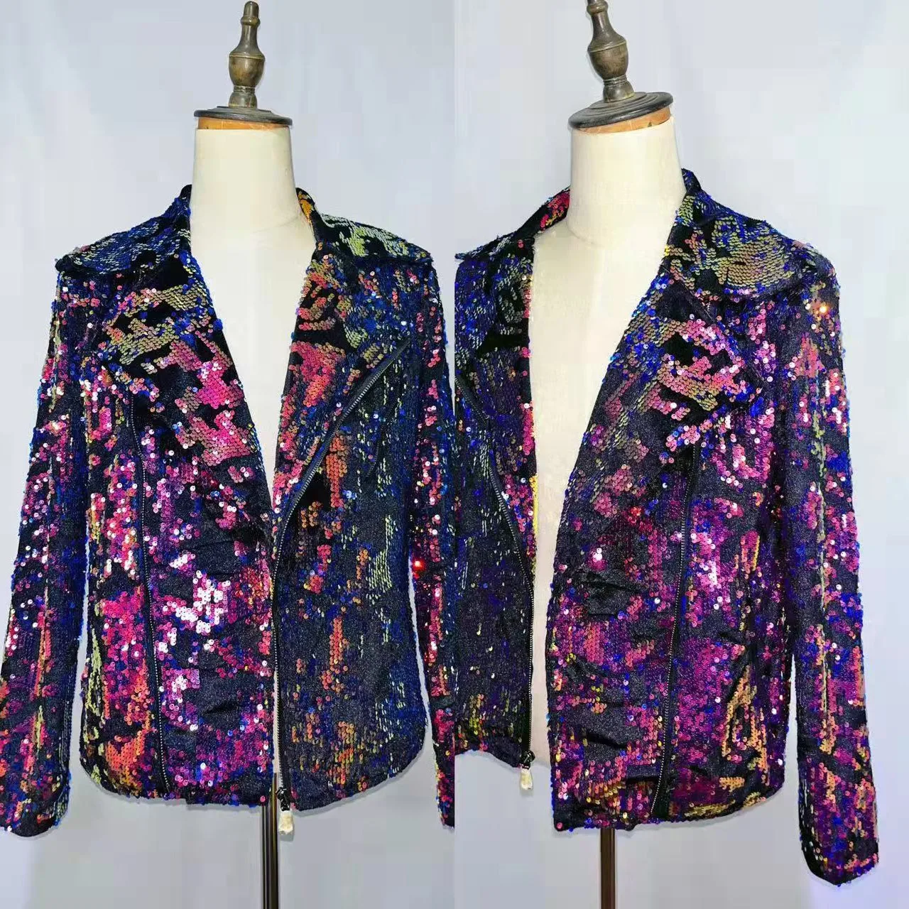 

Men Singer DJ Nightclub Bar Male Model Zipper Motorcycle Jacket Shining Sequins Coat Punk Hip Hip Dance Performance Costume