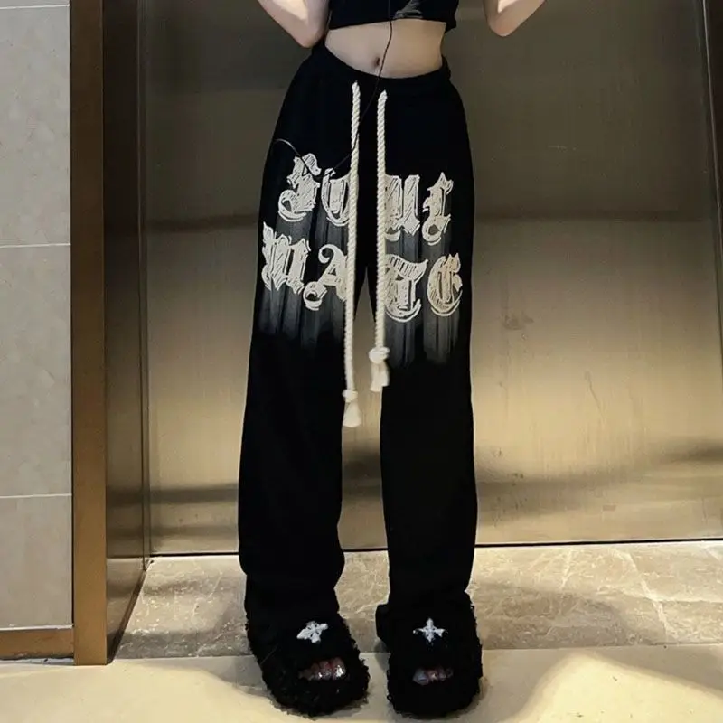 

Korean Trousers for Women 2024 Autumn Winter New Thick Streetwear Drawstring High Waist Letter Tie Dye Sports Smoke Pipe Pants
