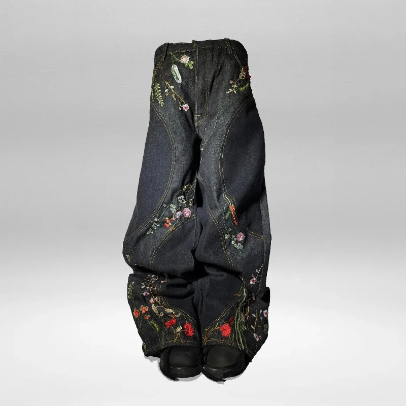 Y2K Floral Baggy Denim Pants Patchwork Blossom Embroidery