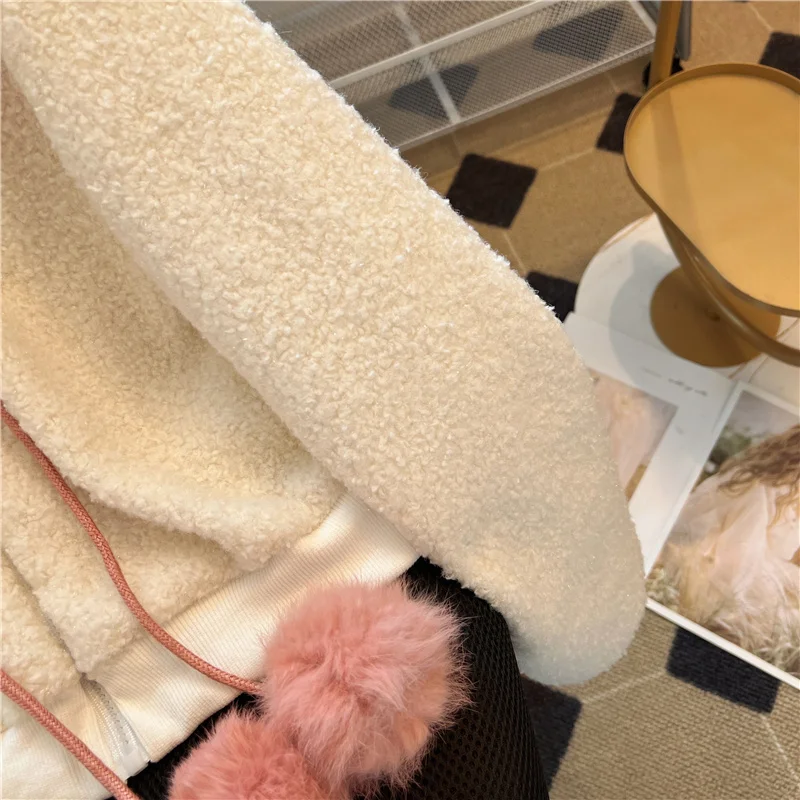 Short Hoodie Coats Women Lamb Wool Thick Loose Solid Color Long Sleeve Japanese Style Rabbit Ears Kawaii Daily Jackets Female