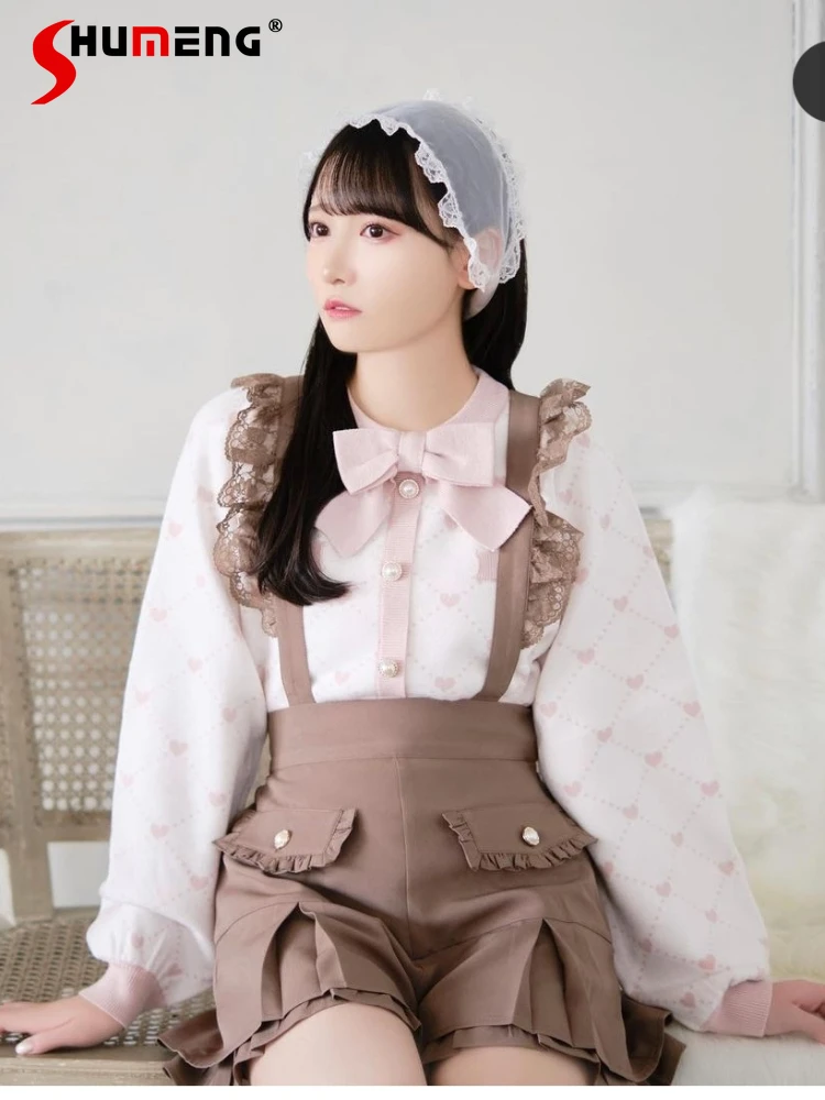 

Japanese Style Sweet Love Rhombus Bowknot Knitted Sweater for Student Girl 2023 Full New Kawaii Long Sleeve Sweaters Women