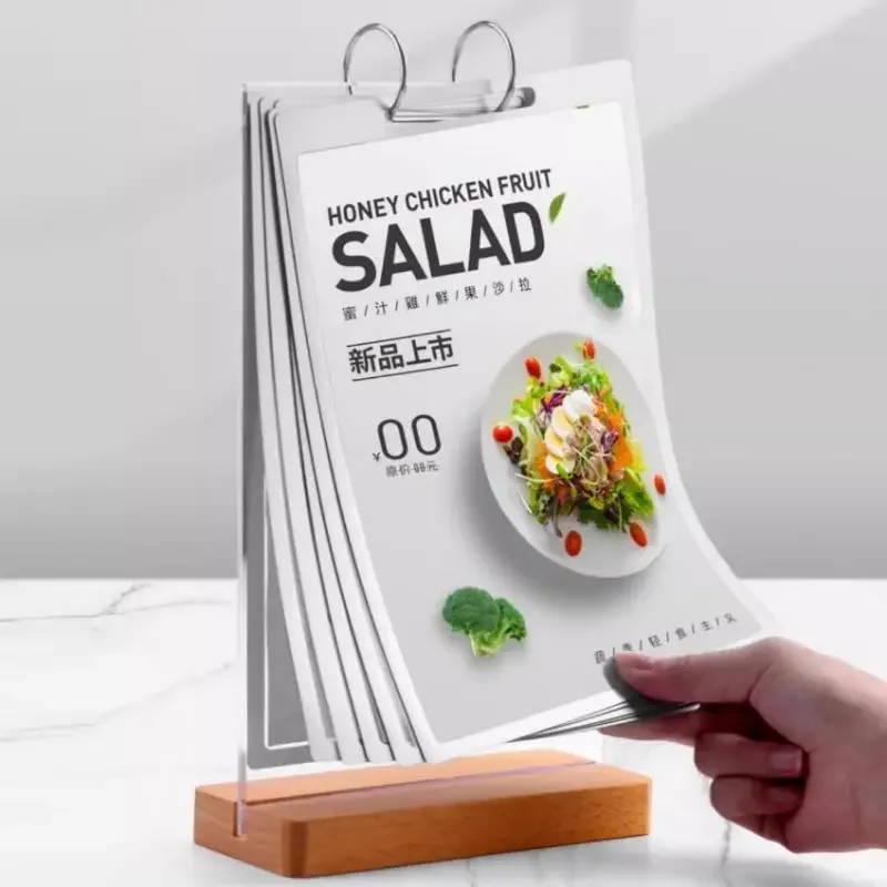 Wooden A4 A5 Double-sided Tab Le Sign Display Holder Menu Price List Card Racks Resturant Pages Turning Table Signboard Stand