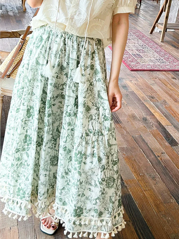 

GypsyLady French Floral Chic Maxi Skirt Green Tassels Casual Long Skirts 100% Cotton Holiday Women Ruffles Ladies Skirt Faldas
