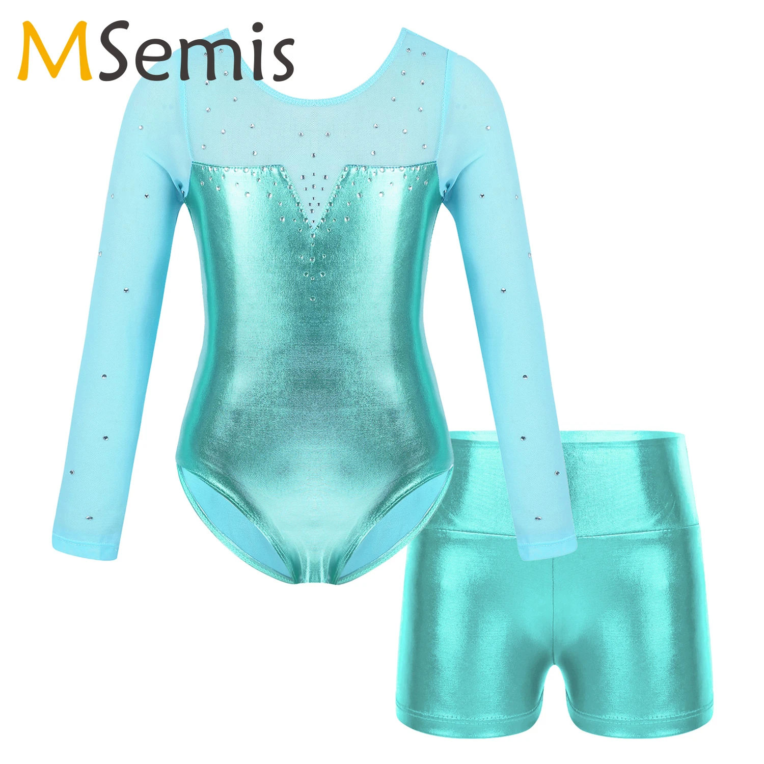 

Teen Kids Girl Gymnastics Bodysuit Dancewear Ballet Leotards Girls Long Sleeve Rhinestones Dance Leotard with Shorts Outfits