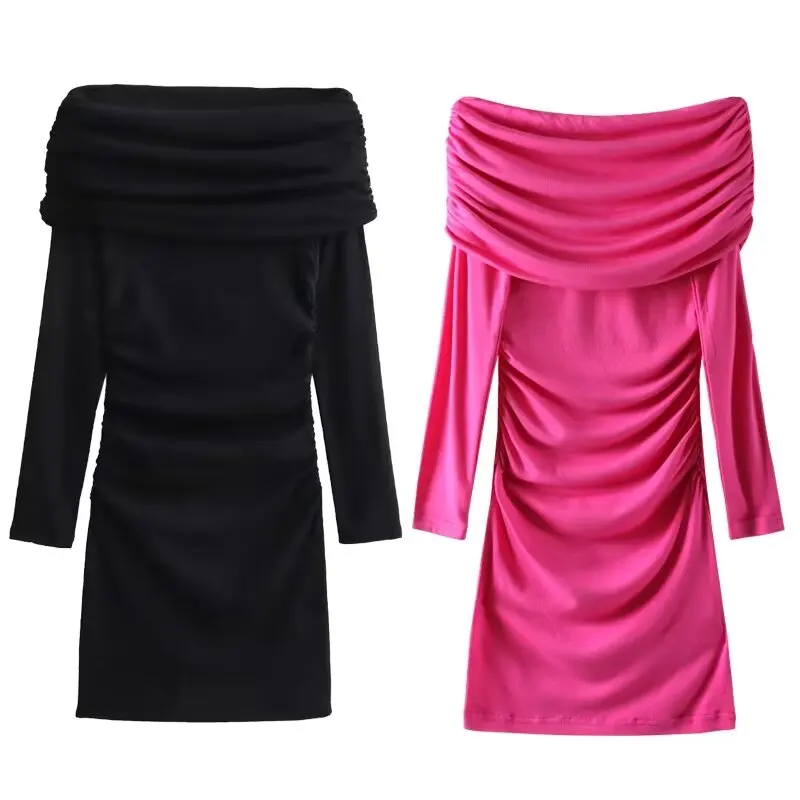 

Women New Chic Fashion Pleated decoration Elastic slim Off Shoulder Mini Dress Vintage Long Sleeve Female Dresses Vestidos Mujer