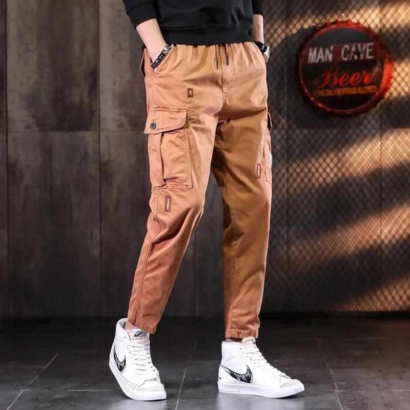 Men's Orange Tactical Cargo Pants Casual Cotton Elastic Waist Drawstring Trousers