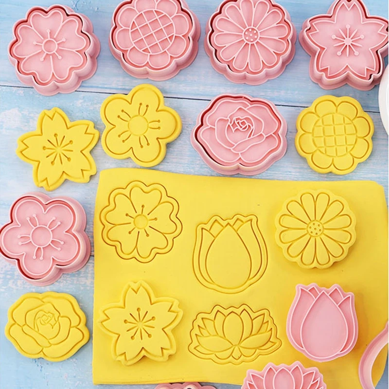8pcs/set Flower Shape Cookie Cutters 3D Plastic Biscuit Mold Cookie Stamp DIY Fondant Cake Mould Kitchen Baking Pastry Bakeware