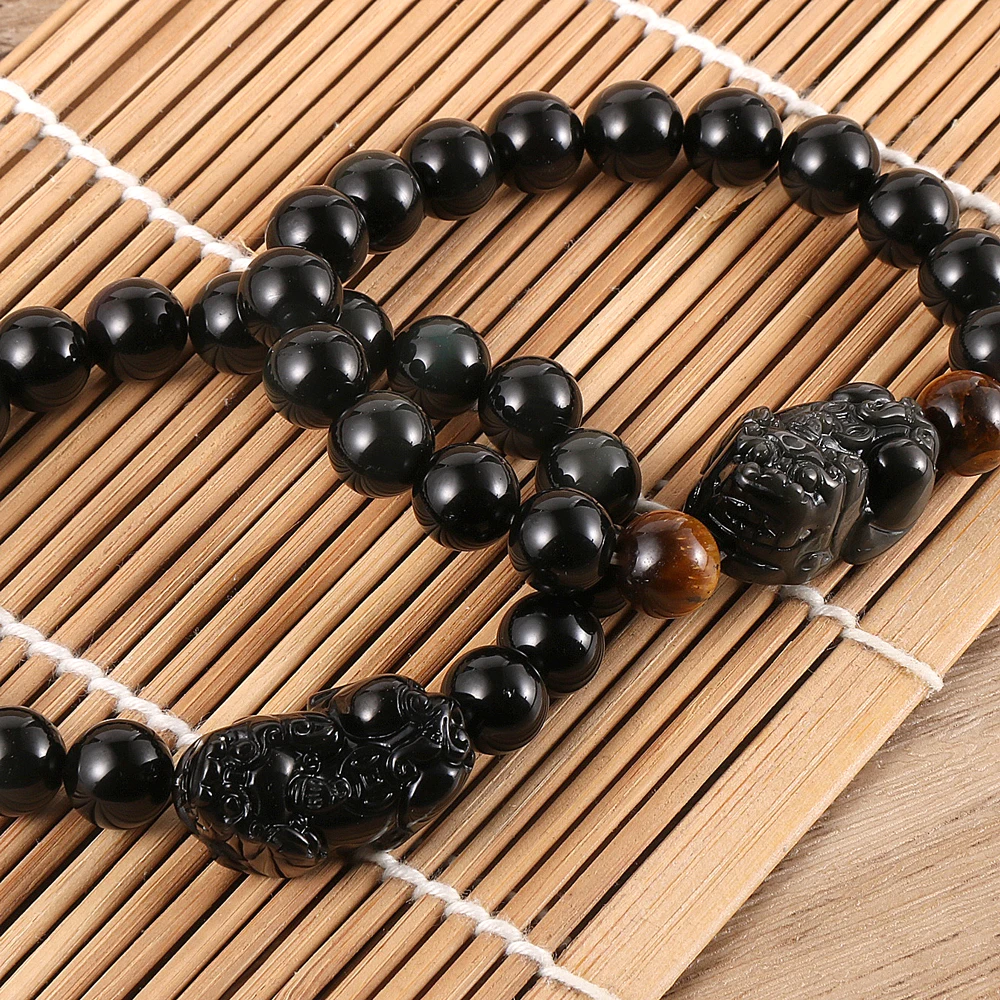 Hot Selling PiXiu Natural Obsidian Stone Fengshui Good Lucky and Wealth Men Beads Bracelet For Male Women Jewelry Wristband Gift