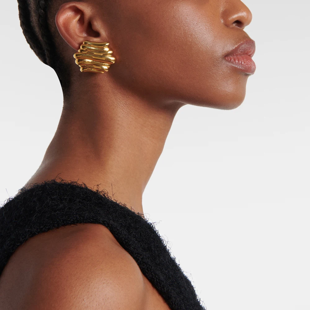 18K Gold Plated Vintage Triple Ridge Medium Geometric Stud Earrings Smooth Waterproof Stainless Steel Statement Earring Jewelry