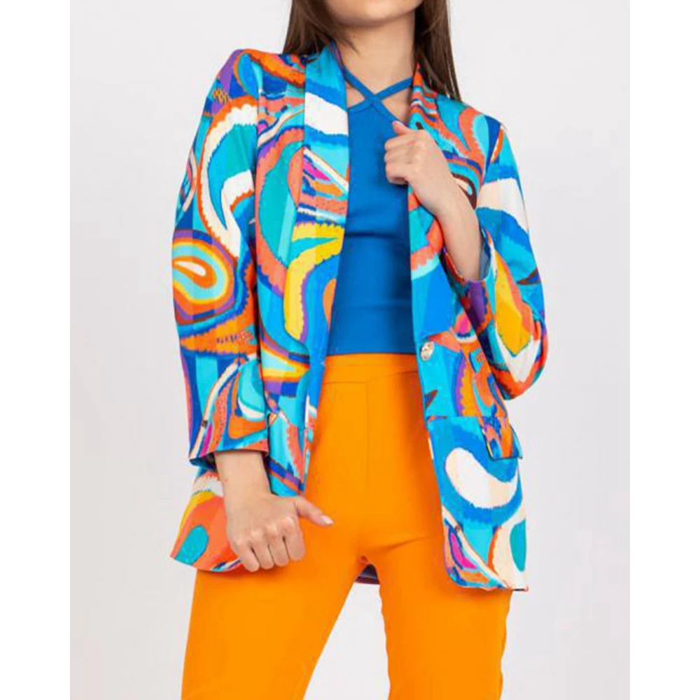Autumn Women Abstract Print Long Sleeve Single Button Blazer Fashion Top Coat Office Lady Spring Nothched Collar Workwear Outfit
