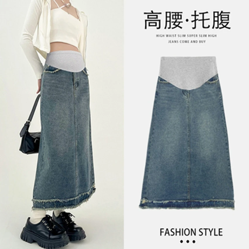 Fashionable Pregnant Women's Denim Skirt Spring/Summer High Waist Mid length Support A-line Skirt Fur hem long skirt