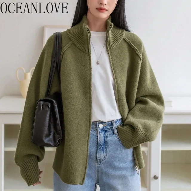 OCEANLOVE Women Sweaters Stand Collar Thick Warm Solid Autumn Winter Cardigans Vintage Korean Fashion Chic Sueter Mujer 1