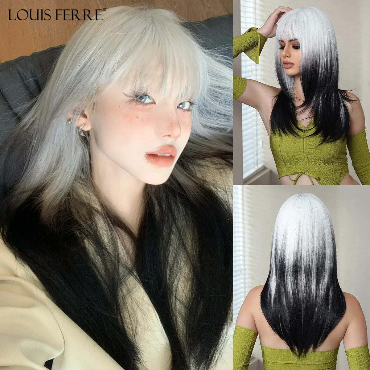 LOUIS FERRE Long Straight Synthetic Wigs for Women White Black Ombre Layered Hair With Bangs Heat Resistant Fiber Wigs for Daily