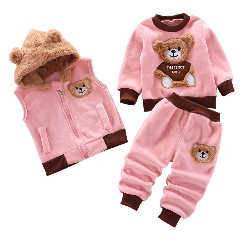 Baby Boys Clothing Set Autumn Winter Cartoon Bear Fleece Hooded Vest Coat Pants 3Pcs for Kids Casual Outfits Girls Warm Suit - 4