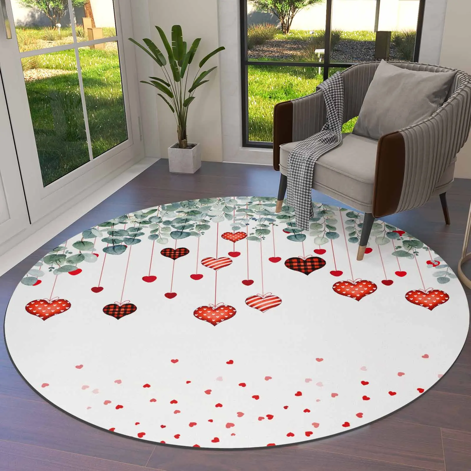 

Valentine'S Day Eucalyptus Leaf Love Round Area Rug Carpets For Living Room Large Mat Home Bedroom Kid Room Decoration