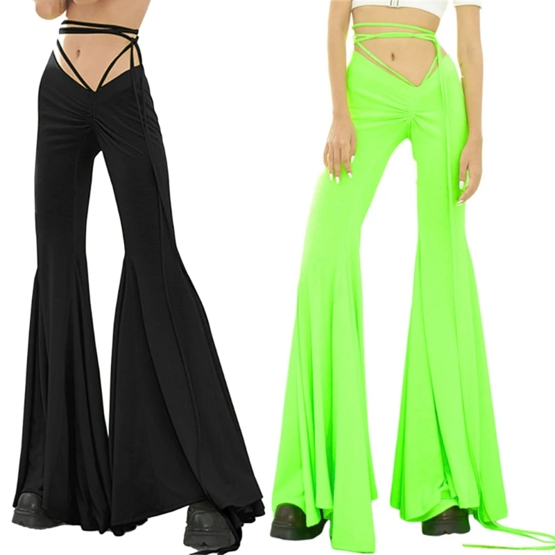

Womens Y2K Low Rise Ruched Drawstring Flared Pants Sexy Cut Out Bandage Lace-Up Casual Pleated Hem Fit Trousers