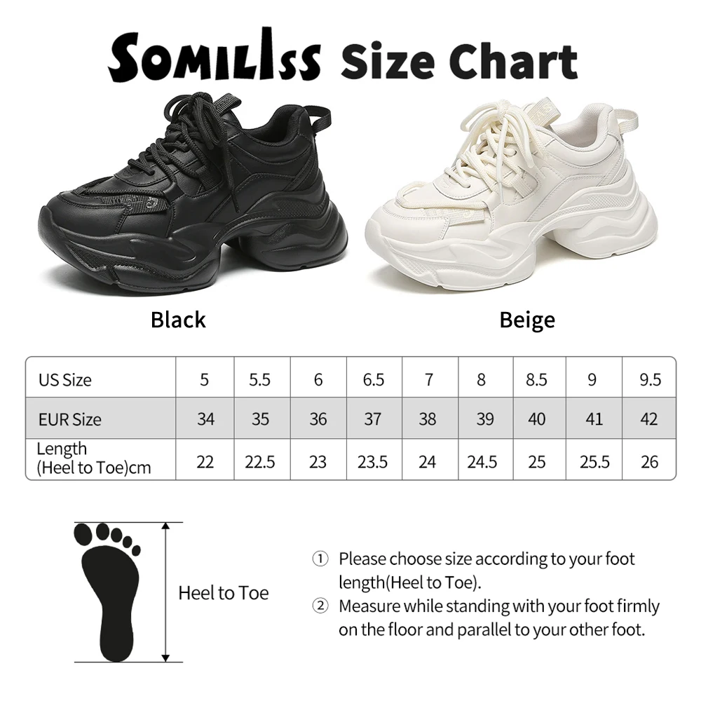 Somiliss Women Chunky Sneakers Casual Shoes Platform Sneakers Round Toe Thick Sole Lace-Up Ladies Trainers Handmade Black White