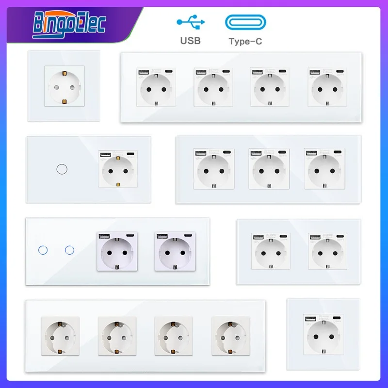 Tomada de Parede e Interruptor de Luz Tomada Usb com 20w tipo c Carga Rápida Moldura de Vidro Tomada Elétrica Dupla 220v Padrão da ue