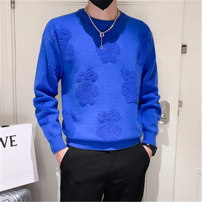 

Men Knittwear Pullover Long Sleeve Korean Style Jacquard Weave Bear Cartoon Sweaters Male O Neck Knitting Men Clothing Winter