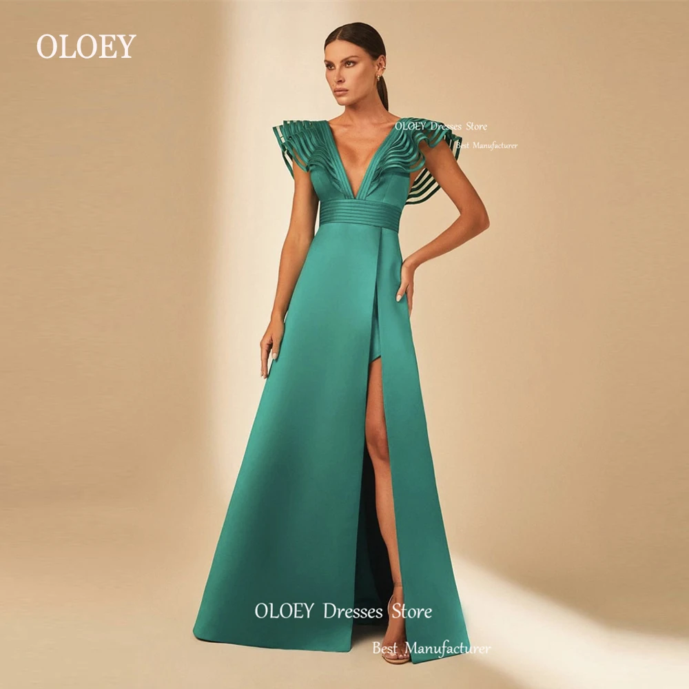 

OLOEY Arabic Women Hunter A Line Evening Dresses Satin Cap Sleeves V Neck Floor length Prom Gowns Formal Party Occasion Dress