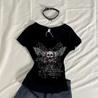 Indie graphique imprimé à manches courtes T-shirt femmes 2000s esthétique centre commercial Goth e-girl gothique T-shirt rétro Y2K Grunge crâne aile hauts courts 1