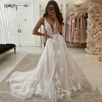 LORIE Boho Lace Elegant Wedding Dresses Low-Cut V-Neck Applique Bride Gowns Princess Spaghetti Strap Bridal Gown PartyCustomized
