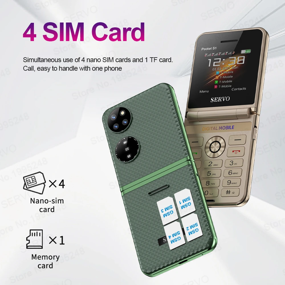 SERVO Pocket S1 4 SIM Card Fold Mobile Phones GSM Network Auto Call Record Flashlight Speed Dial Magic Voice Foldable Cellphones 2