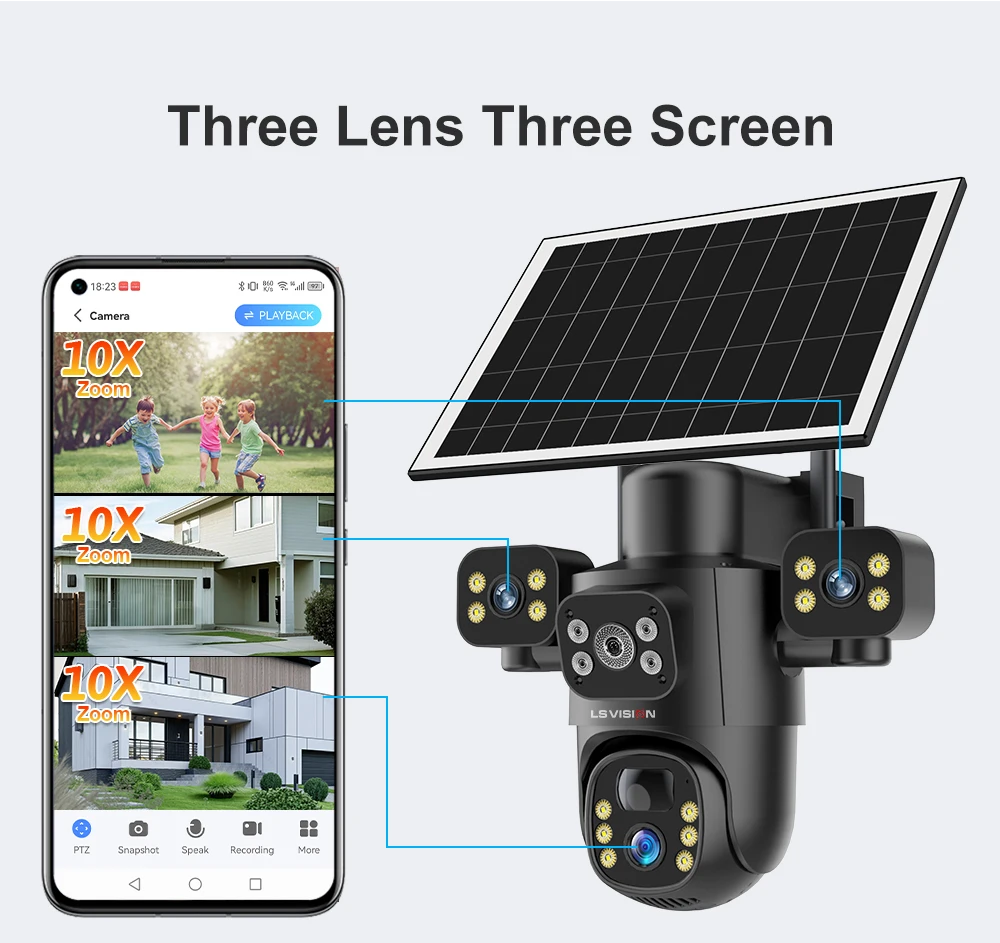 15MP 4G LTE Solar Camera Outdoor WiFi Security Camera 10X Optical Zoom Three Scr