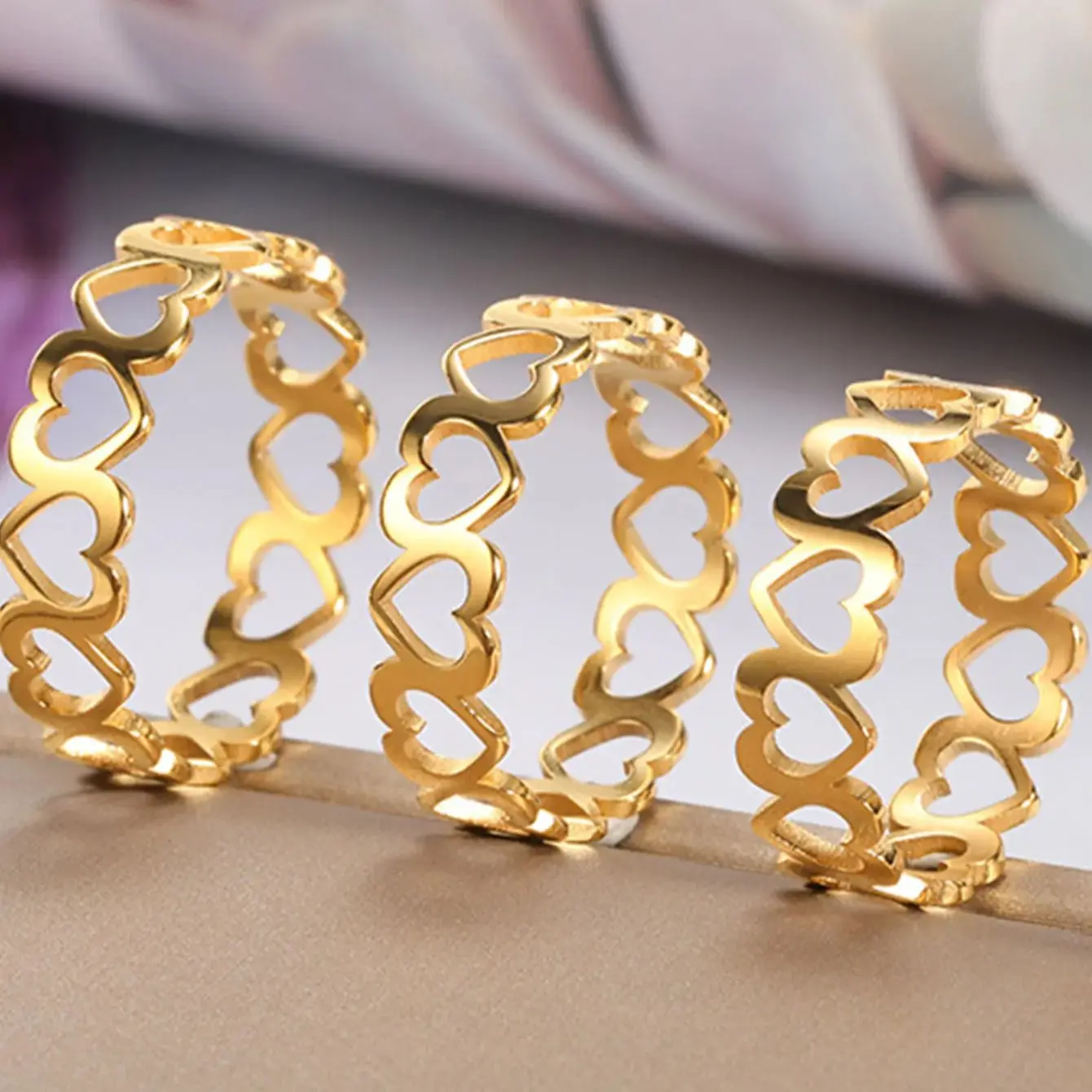 Hollow Heart Rings For Women Gold Color Stainless Steel
