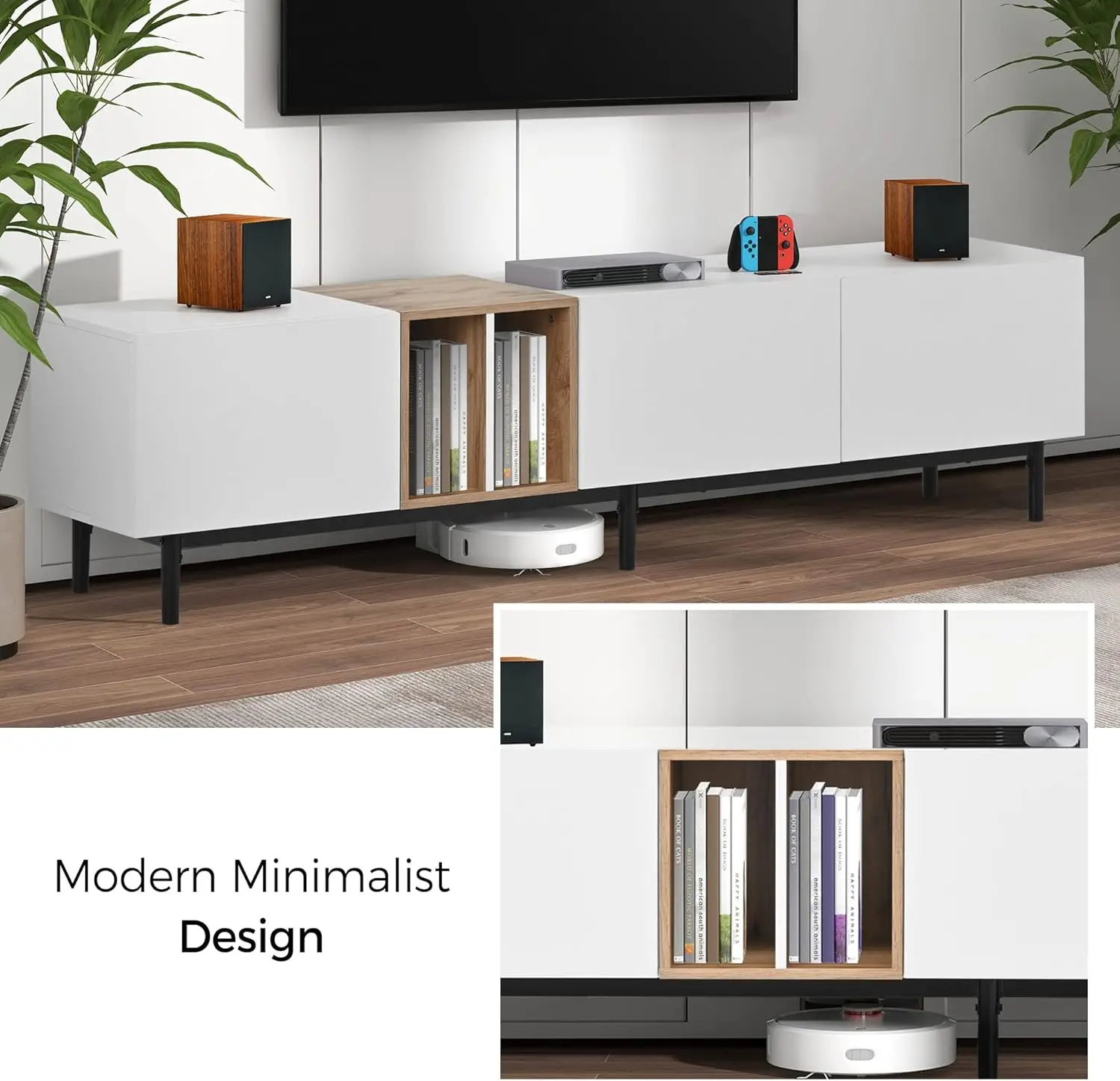 77 Inch Modern TV Stand for TVs Up to 80”, Minimalist Entertainment Center with 3 Cabinets & Open Shelves, Media Console Table 4