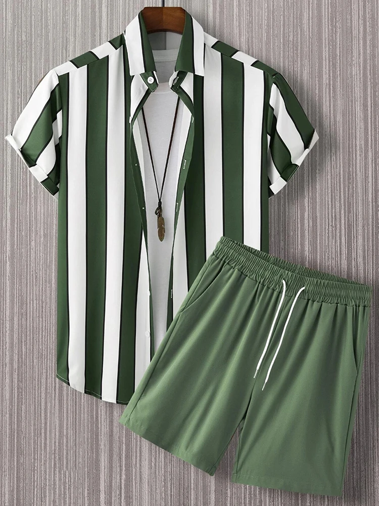Men's short sleeved shirt and short sleeved two-piece set summer outdoor sports shirt set holiday beach men's casual shirt set 4