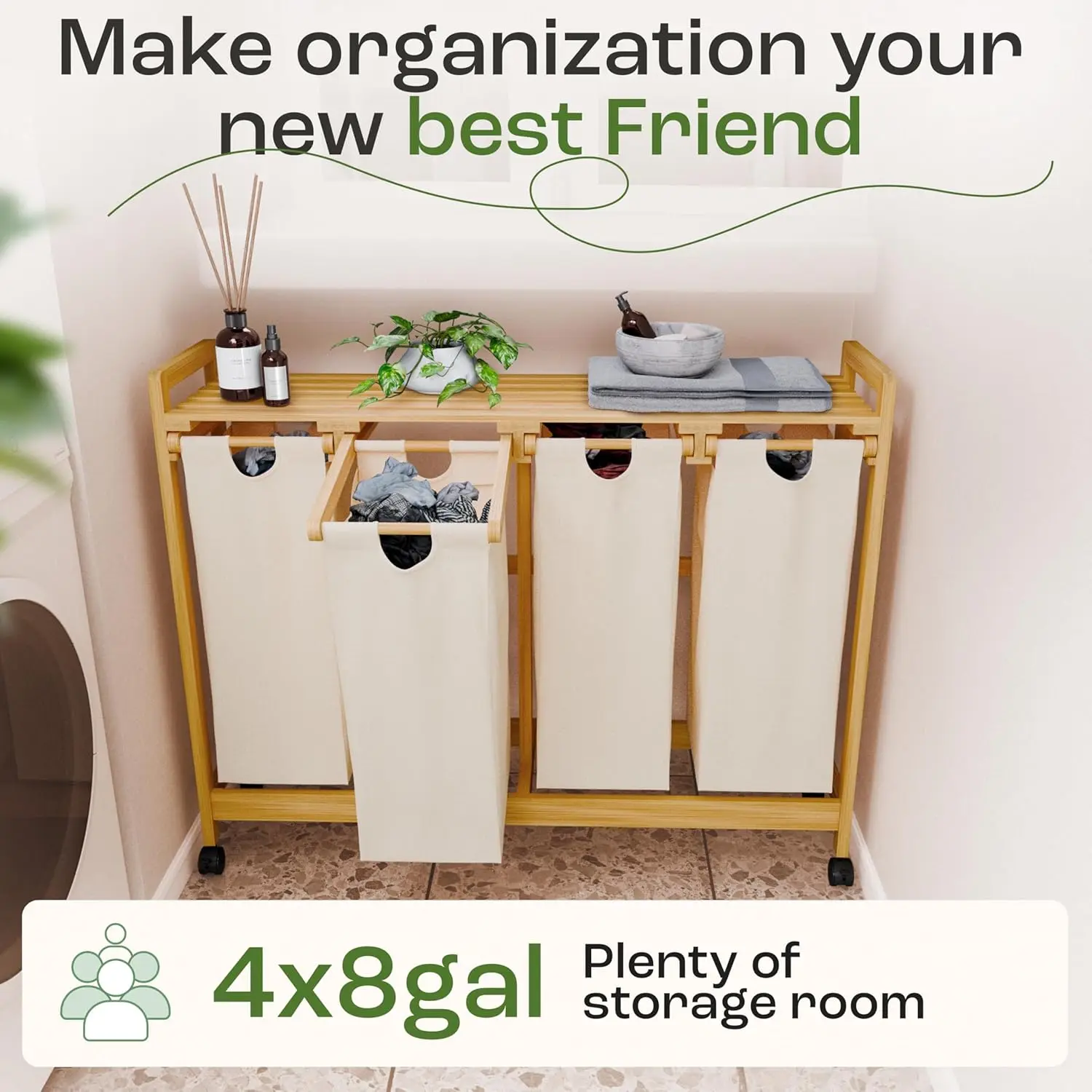 Laundry Sorter with 4 Sections beige, Hamper with Removable Cotton Bags & Wheels – Perfect Laundry Organizer - Eco