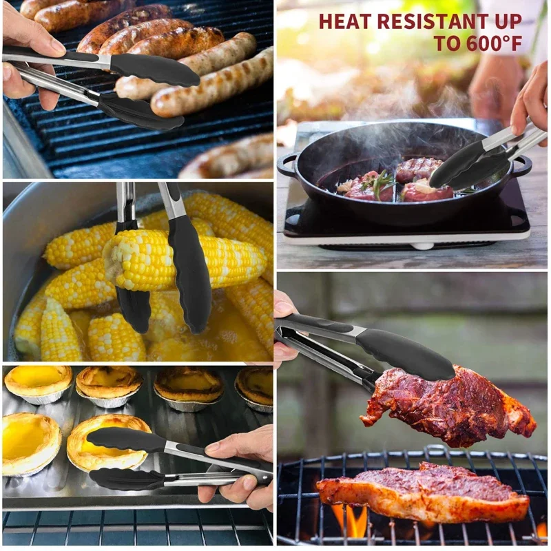 2Pcs Silicone Kitchen Tongs BBQ Clip Stainless Steel Handle Salad Bread Food Serving Tongs Non-Stick Barbecue Grilling Lock Tong