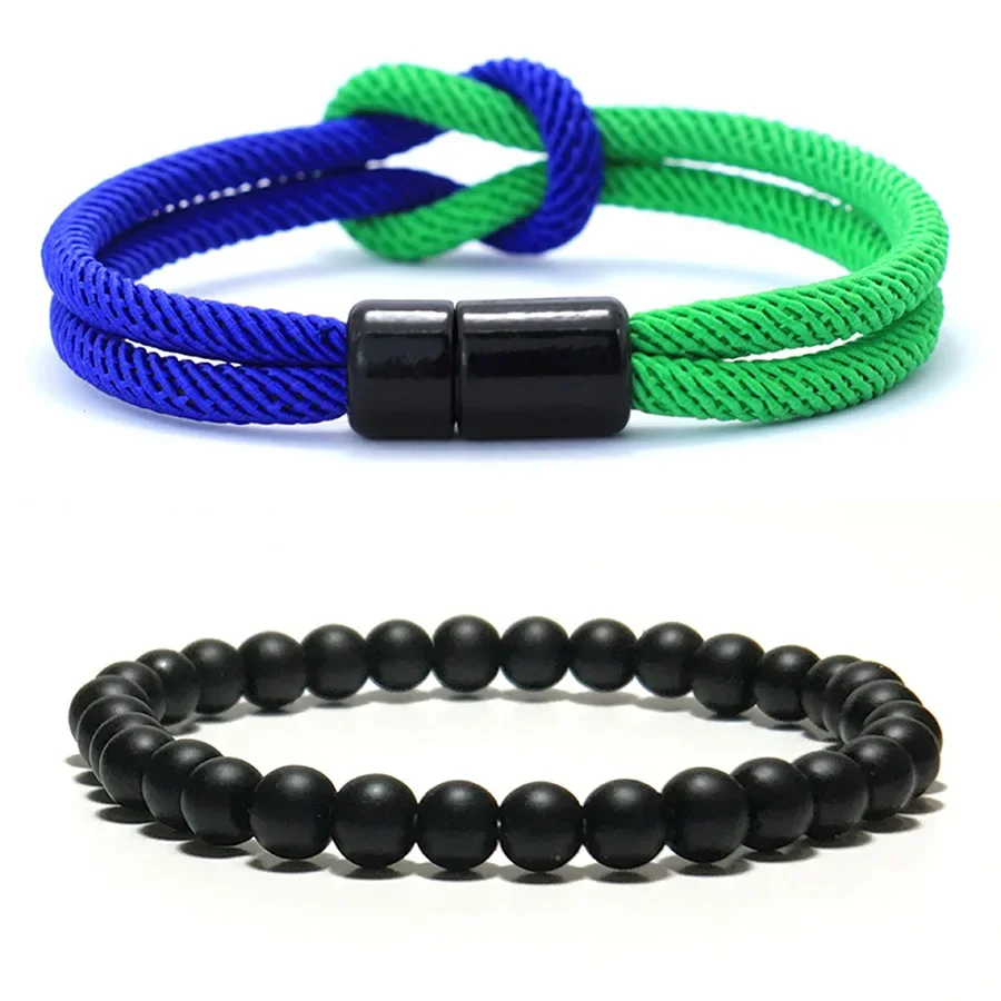 Mode 2 Teile/para Männer Armband Set Konzentrischen Knoten Bicolor Magnet Schnalle Natürlichen Onyx Stein Elastische Armband Kausalen Hombre Joias – Detail 8