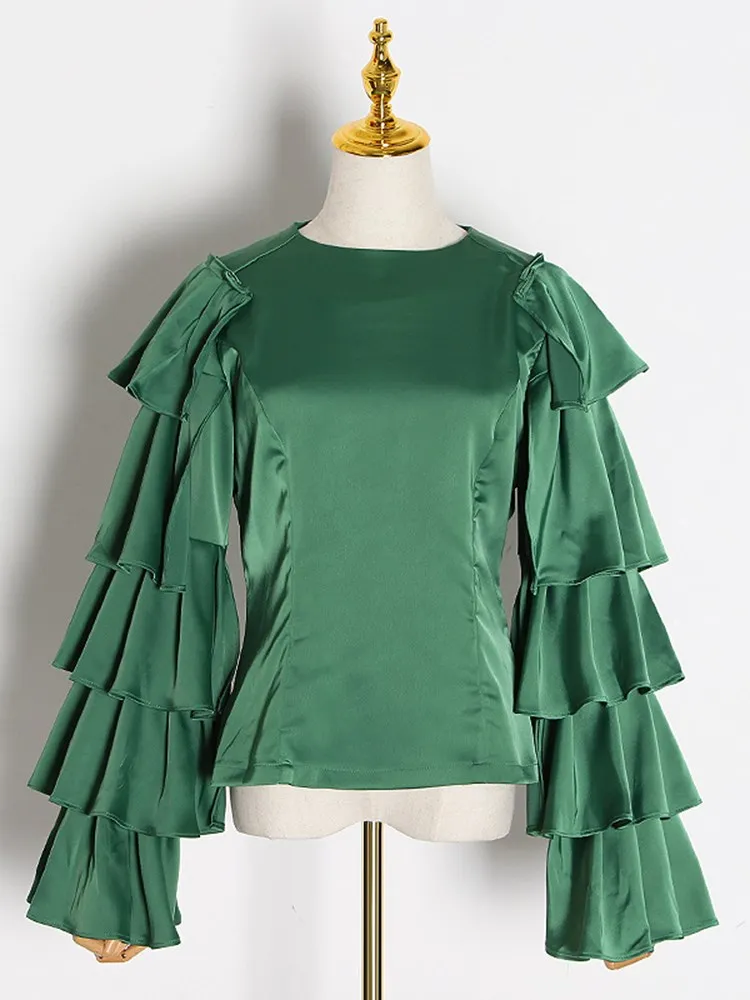 BPN Casual Patchwork Ruffle Trim Shirts For Women Round Neck Long Sleeve Solid Pullover Temperament Blouses Female Clothing New