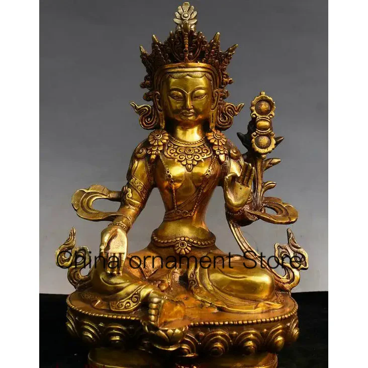 Old Tibet Bronze Gilt Green Tara Mahayana Buddismo Enlightenment Goddess Statue