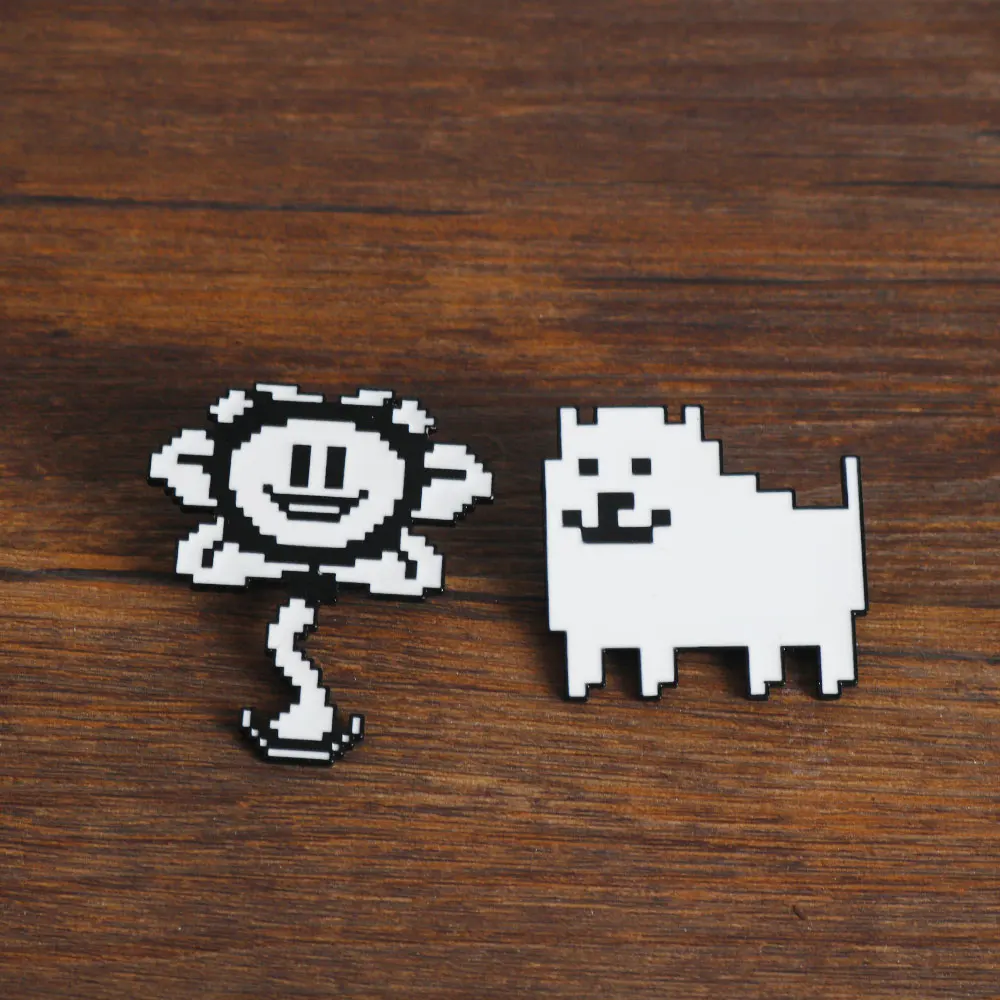Game Undertale Animal Badge Brooch Pins Cute Black/White Pixel Cartoon Dog And Flowey Shape Cosplay Props