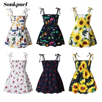 1-6 Years Kids Girls Sleeveless Flower Sundress Summer Beach Strap Princess Dress Cotton Children Clothes girls Casual Dresses 1