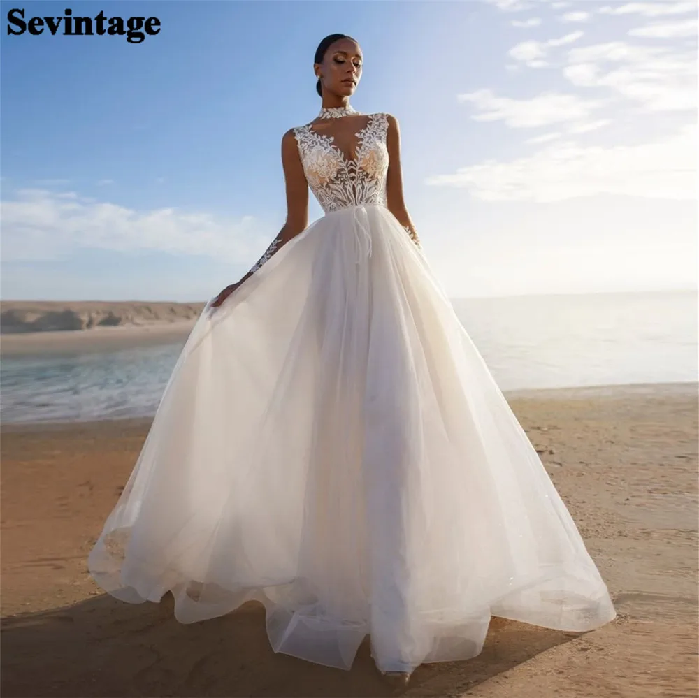 

Sevintage A-Line Ivory O-Neck Princess Wedding Dress For Women Lace Aplliques Sleeveless Ruched Bride White Bridal Gown Vestido