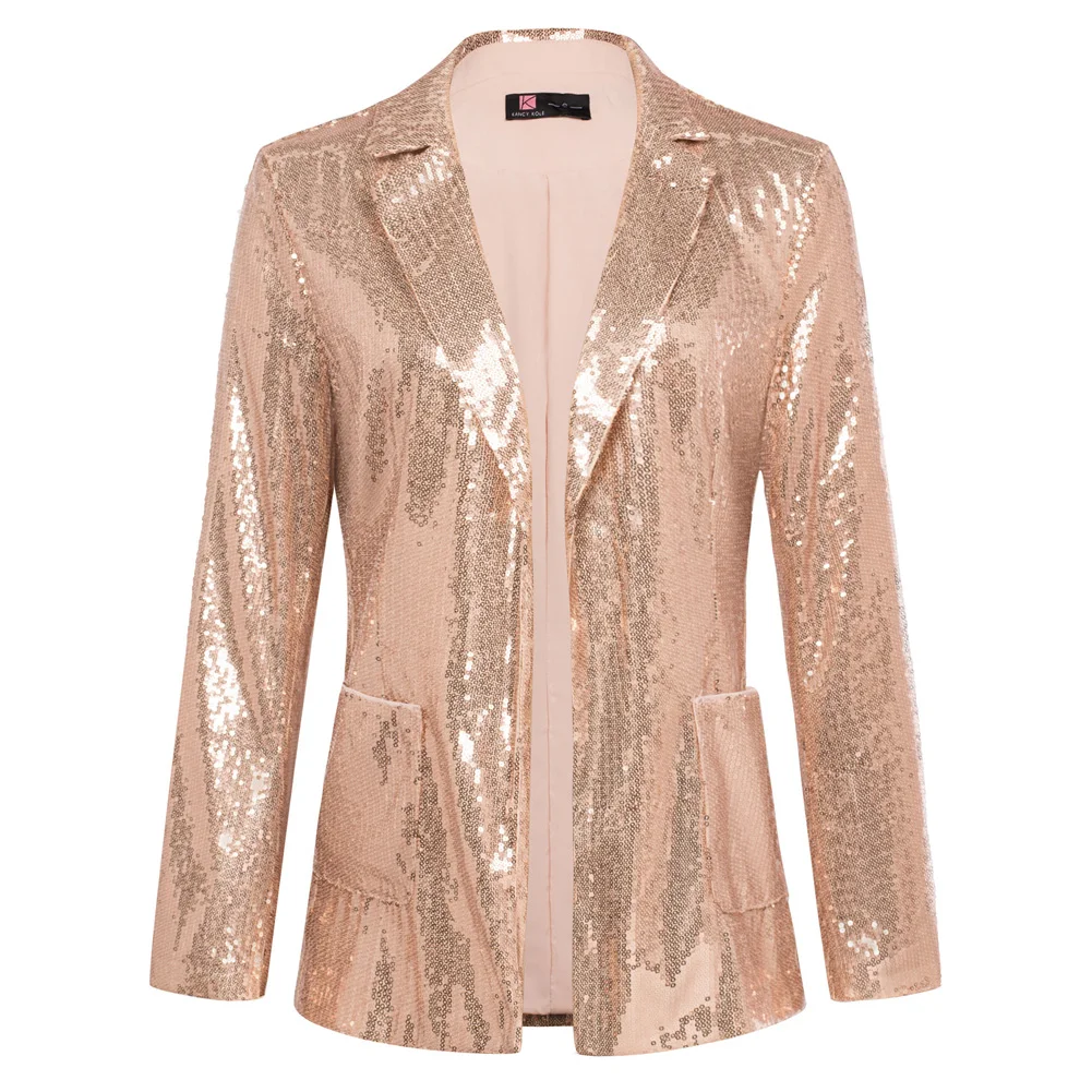 KK Women Sequined Party Blazer Coat Lapel Collar Long Sleeve Open Front Coat Sparkling Shiny Luxury Elegant Women's Clothing